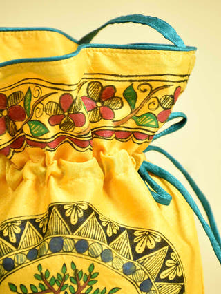 Madhubani Handpainted Silk Potli Yellow