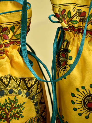 Madhubani Handpainted Silk Potli Yellow