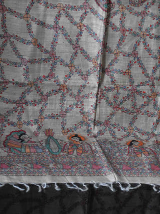 Madhubani Hand Painted Natural Tussar Silk Dupatta