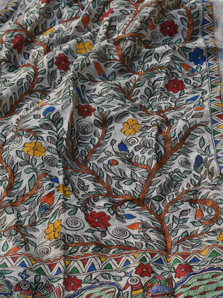Madhubani All Over Floral Motifs Hand Painted Linen Dupatta