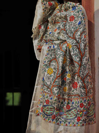 Madhubani All Over Floral Motifs Hand Painted Linen Dupatta