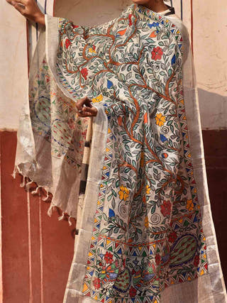 Madhubani All Over Floral Motifs Hand Painted Linen Dupatta
