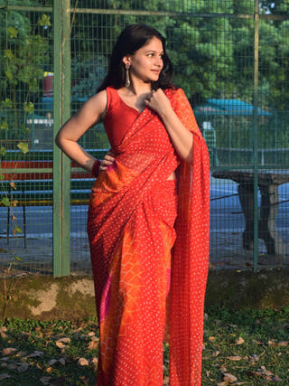 Chili Dot Com Red Bandhej Saree