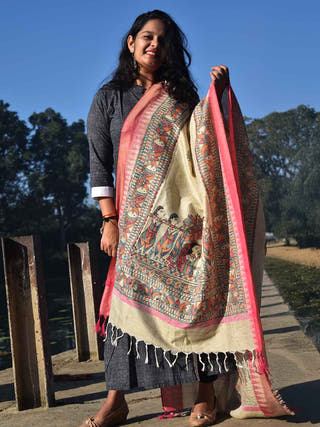 Madhubani Handpainted Beige Cotton Dupatta Red Border