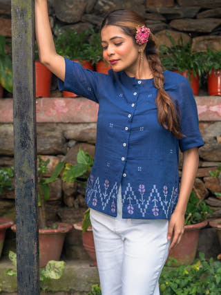 Ocean Blue Cotton Jamdani Top