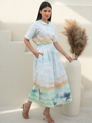 Moss Print Cuban Collar Shirt with Skirt