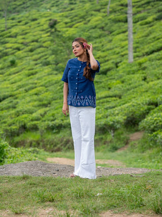 Ocean Blue Cotton Jamdani Top