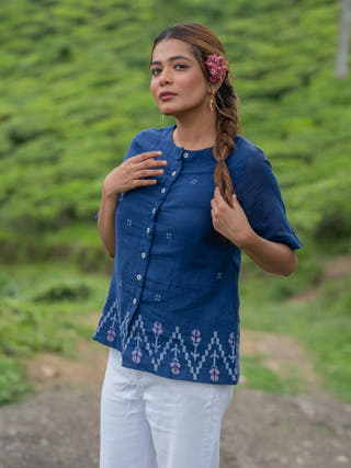 Ocean Blue Cotton Jamdani Top