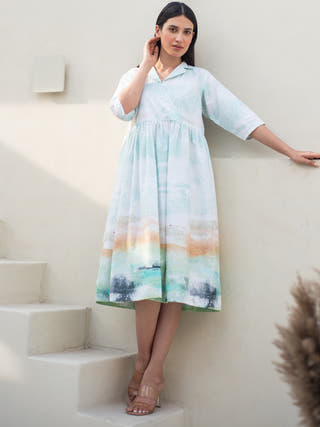 Moss Print Cuban Collar Dress