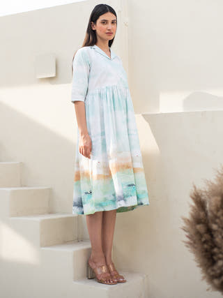 Moss Print Cuban Collar Dress