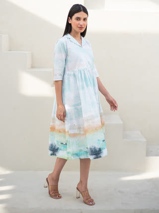 Moss Print Cuban Collar Dress