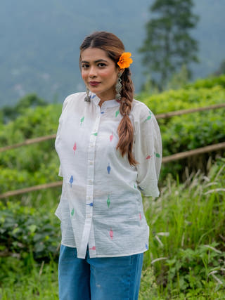 White Leaf Cotton Jamdani Shirt