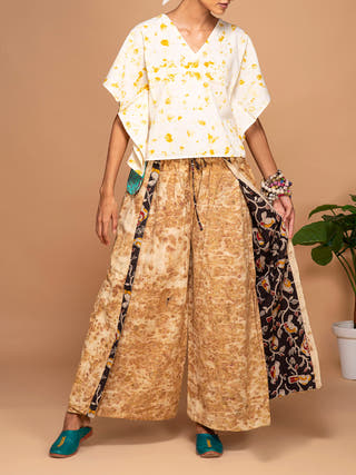 Ecoprinted Handwoven Kimono Crop Top White & Yellow - Organic Cotton Jumpsuit for women in White color