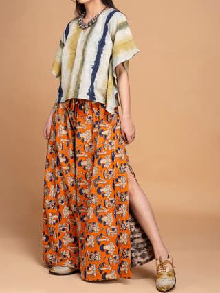 Ecoprinted Handwoven Kimono Crop Top Blue & Green - Organic cotton Jumpsuit for women in Blue & Green color