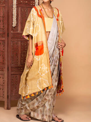 Ecoprinted Handwoven Reversible Paasbaan Kimono Jacket Yellow Bageeya