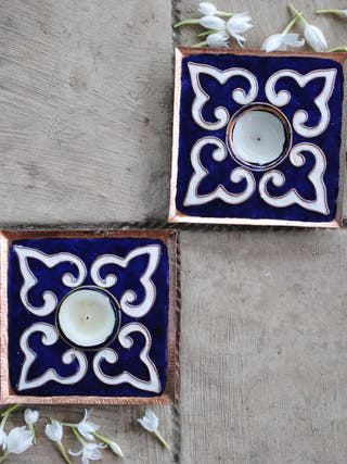 Blue Rangoli Square Tealight Holder | Set of 2