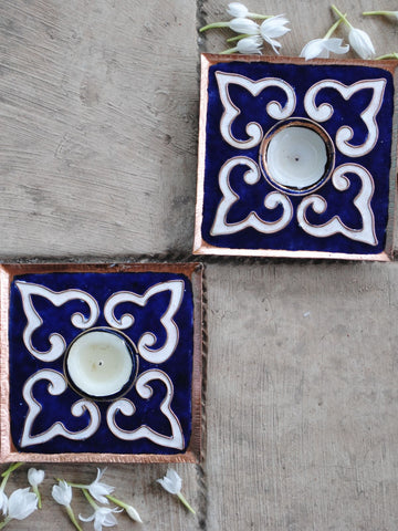 Blue Rangoli Square Tealight Holder | Set of 2