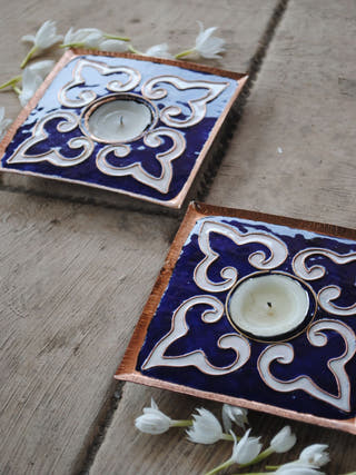 Blue Rangoli Square Tealight Holder | Set of 2