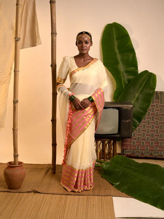 Chandramaya Cream White Cotton Saree