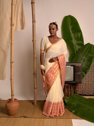 Chandramaya Cream White Cotton Saree