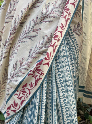Hand Block Printed Aakur - Mul Cotton Saree | Cream