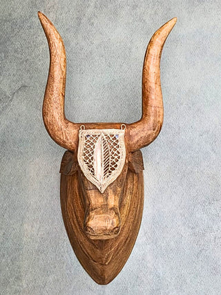 Dhokra brass accessorized bull head (natural wood) Folk Stroke