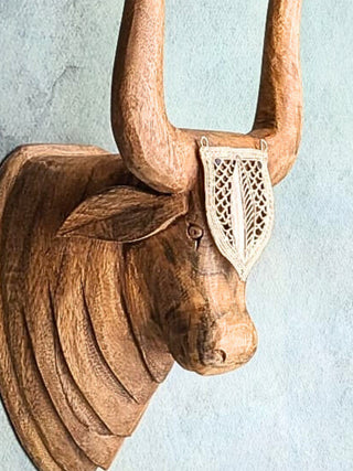 Dhokra brass accessorized bull head (natural wood) Folk Stroke