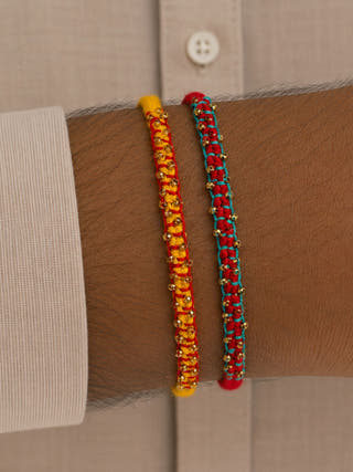 Hand Embroidered Blanket Beads Rakhi | Set Of 2 | Red & Sea Green