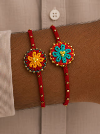 Hand Embroidered Flower Daisy Rakhi | Set Of 2 | Yellow & Blue