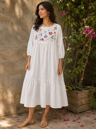 Rosa Tiered Self Check Dress White