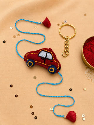 Hand Embroidered 3D Car Rakhi  | Red (Set of 2)