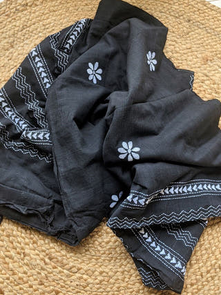 Kantha Embroidery Cotton Saree Black