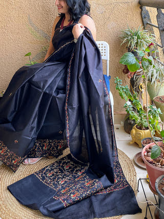 Sozni Embroidery Silk Saree Black