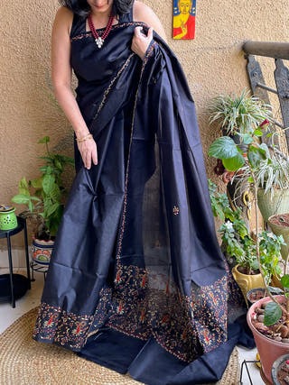 Sozni Embroidery Silk Saree Black