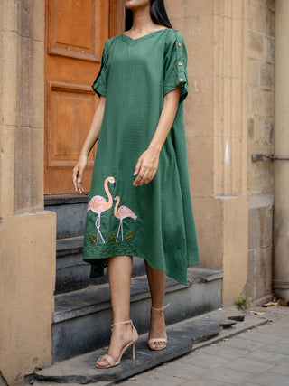 Green Hand- embroidered A-Line Dress Krushnachuda