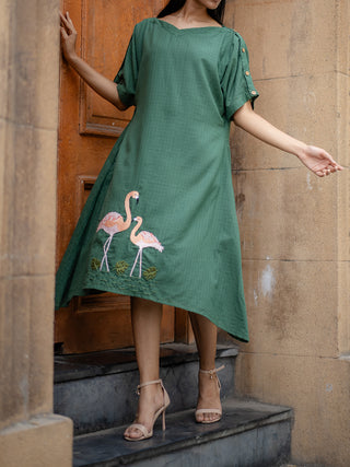 Green Hand- embroidered A-Line Dress Krushnachuda