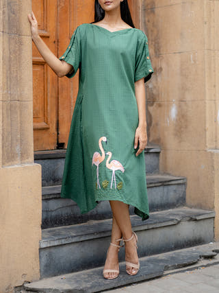Green Hand- embroidered A-Line Dress Krushnachuda