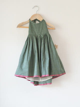 Bloom Handmade Green Checkered Halter Neck Girls Dress