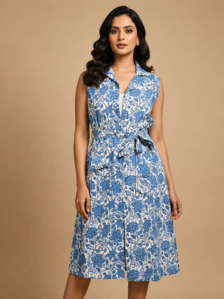 Blue Floral Handblock Printed Cotton Shrug Dress