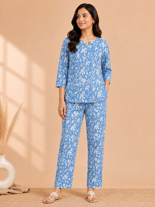 Blue Handblock Printed Cotton Co-ord Set