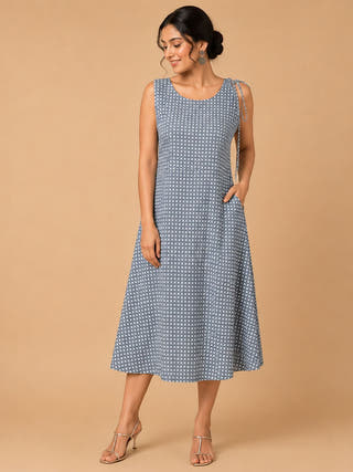 White and Grey Handblock Printed Cotton Sleeveless Dress