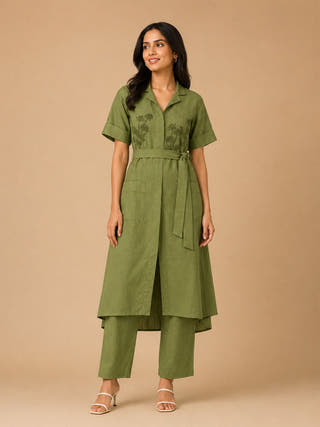 Green Handblock Printed Cotton Shrug Suit Set