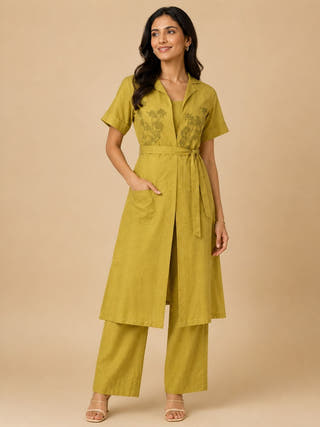 Mustard Handblock Printed Cotton Shrug Suit Set