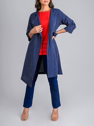 Asymmetric Indigo Stripe Belted Jacket Rang Creations