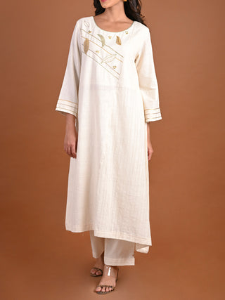 Asmat Diagonal Panel Kurta - Organic Kala Cotton Kurta for women in Natural White color