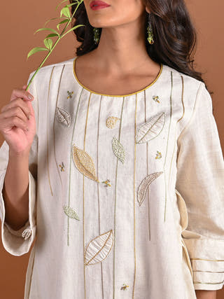 Aayat Side Pleated Panels Kurta - Organic Kala Cotton Kurta for women in Natural White color