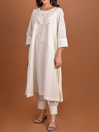 Aayat Side Pleated Panels Kurta - Organic Kala Cotton Kurta for women in Natural White color