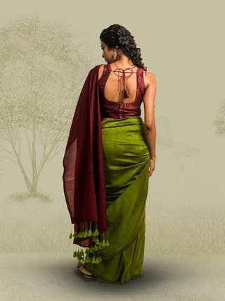Geet Suhani Olive Green Handloom Cotton Acrylic Saree