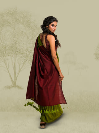 Geet Suhani Olive Green Handloom Cotton Acrylic Saree