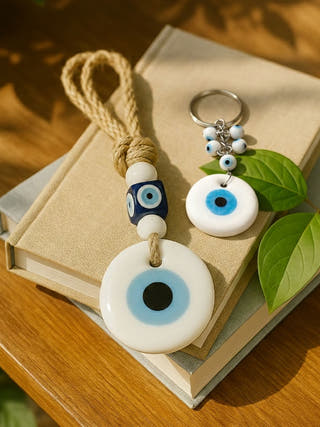 Evil Eye Gift | Set Of White Charm And Keychain